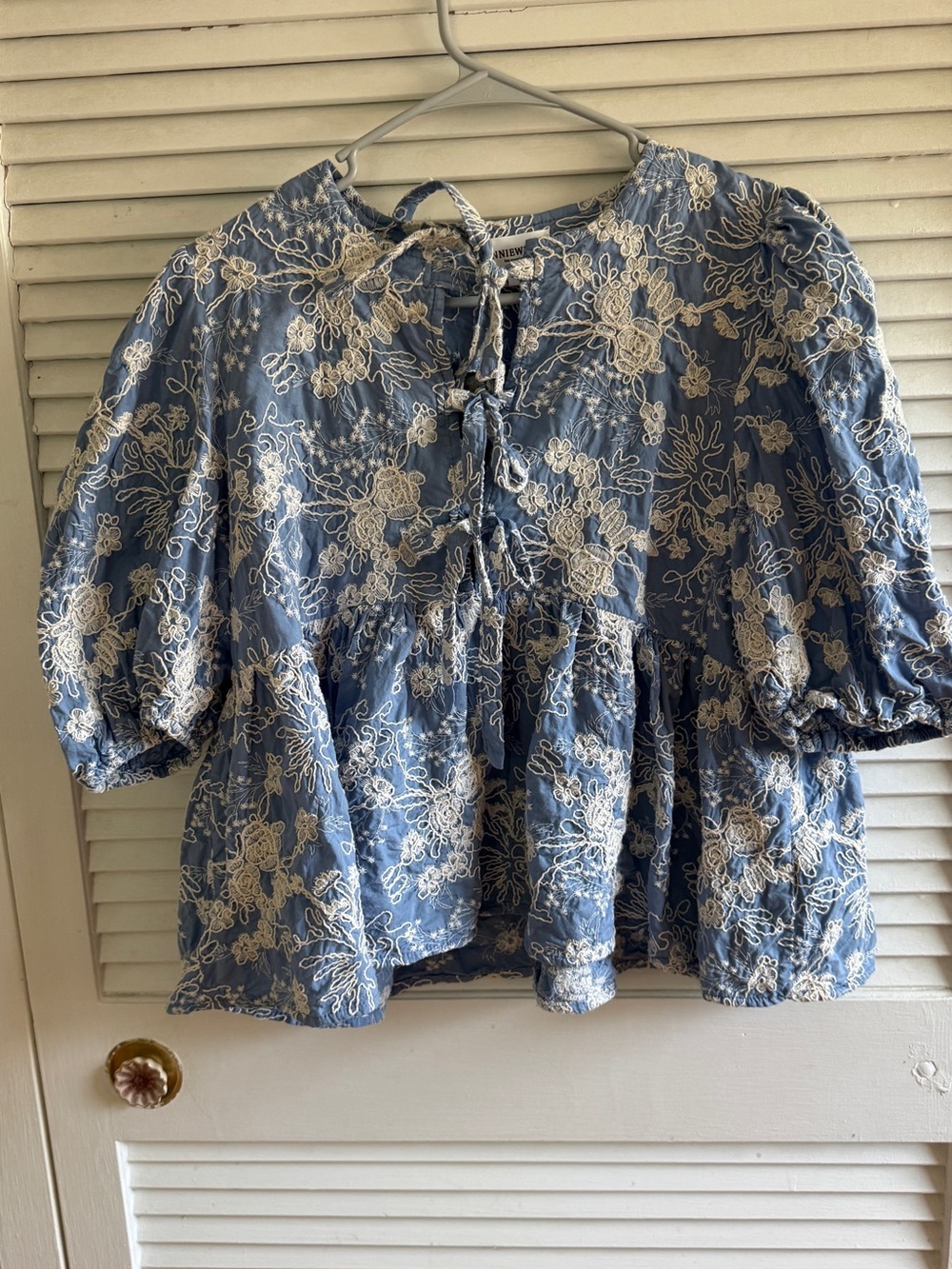Blue Floral Lace-Embroidered Tie-Front Peasant Tunic